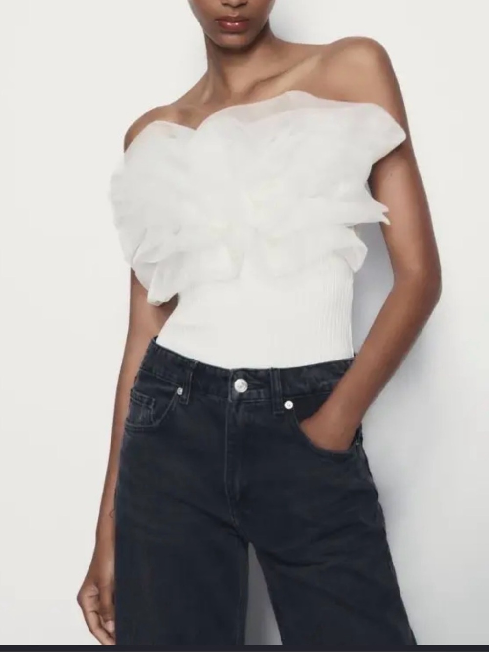 Zara White Off-Shoulder Ruffle Bustier Camisole